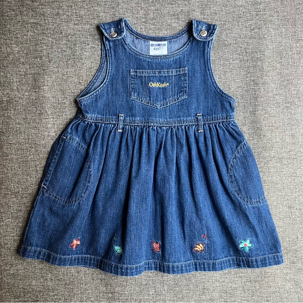 OshKosh B’gosh Vintage Denim Jumper Dress Flower Leaves Embroidered Vtg 90s 2T